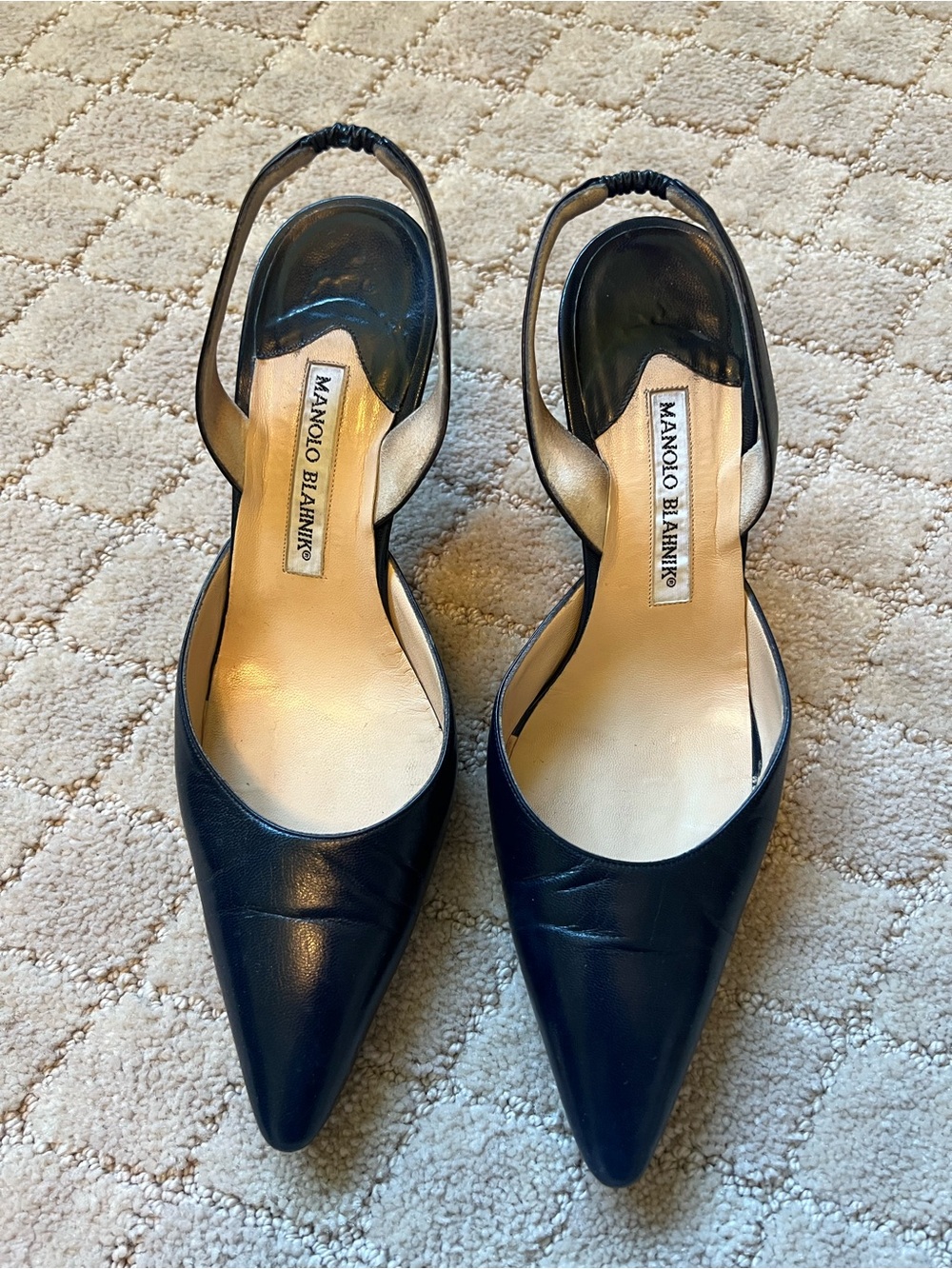 Manolo Blahnik Navy Pointed Toe Leather Slingback Pumps